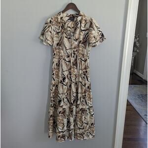 Women's Nicole Miller Cream Brown Black Linen Blend Maxi Dress XS